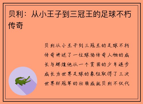 贝利:从小王子到三冠王的足球不朽传奇 贝利:从小王子到三冠王的足球不朽传奇
