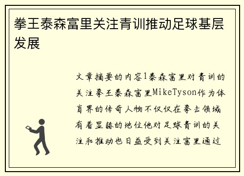 拳王泰森富里关注青训推动足球基层发展 拳王泰森富里关注青训推动足球基层发展
